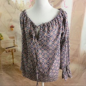 Denny Rose Tassel Geometric Print Blouse